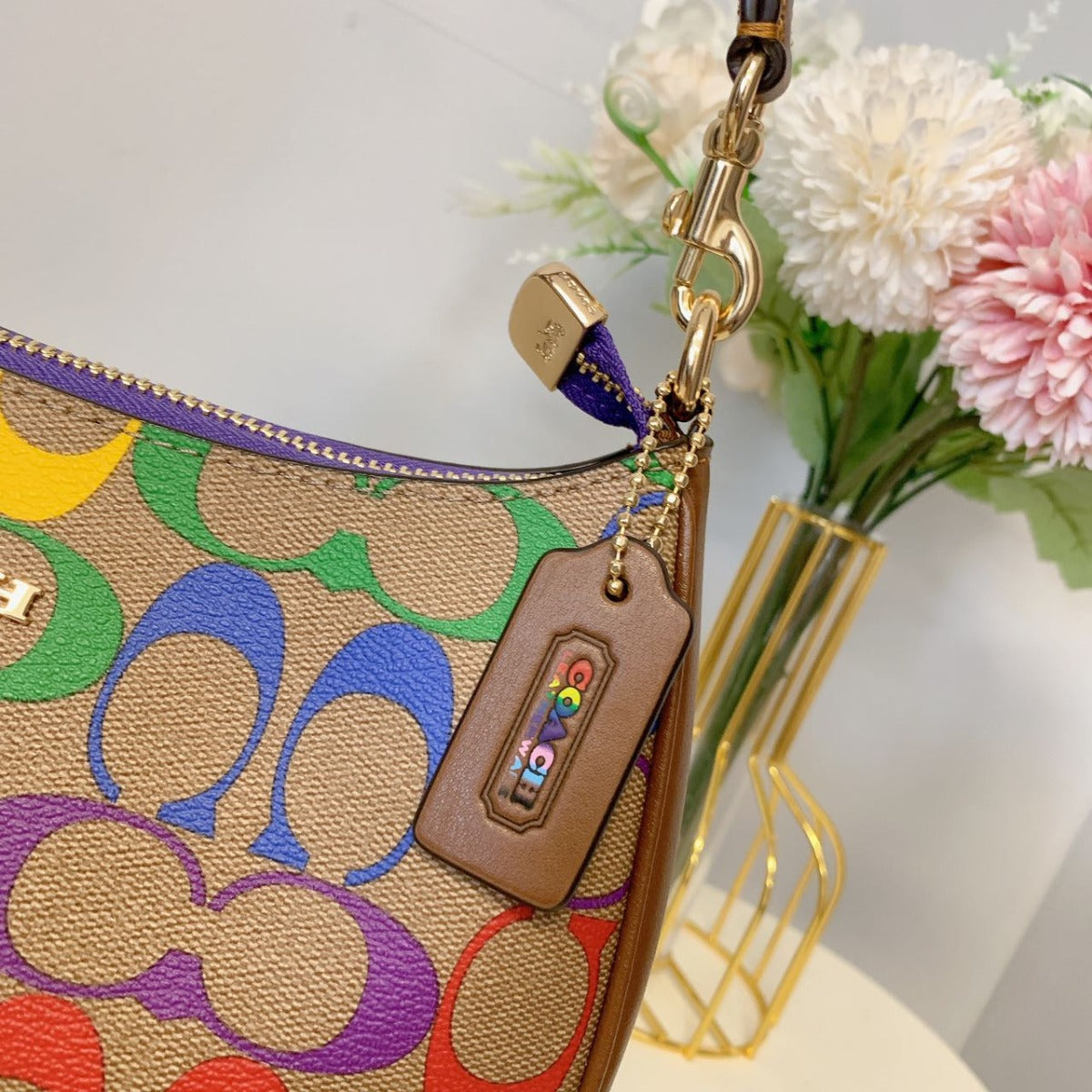Coach CA176 Teri Shoulder Bag In Rainbow Signature Canvas In Gold/Khaki Multi Coach CA176 Teri Shoulder Bag In Rainbow Signature Canvas In Gold/Khaki Multi